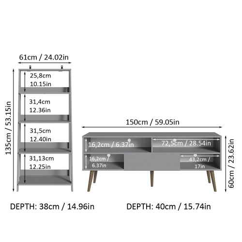 Madesa 2-Piece TV Stand and Ladder Shelf Set: 59" Entertainment Center with Cable Management + 24" 5-Tier Ladder Shelf for Storage, Office, Living