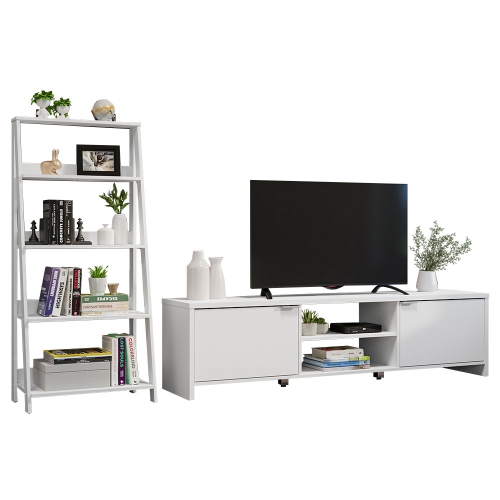 Madesa 2-Piece TV Stand and Ladder Shelf Set: 70" Entertainment Center with Cable Management + 24" 5-Tier Ladder Shelf for Storage, Office, Living