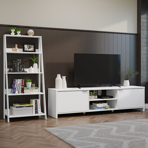 Madesa 2-Piece TV Stand and Ladder Shelf Set: 70" Entertainment Center with Cable Management + 24" 5-Tier Ladder Shelf for Storage, Office, Living