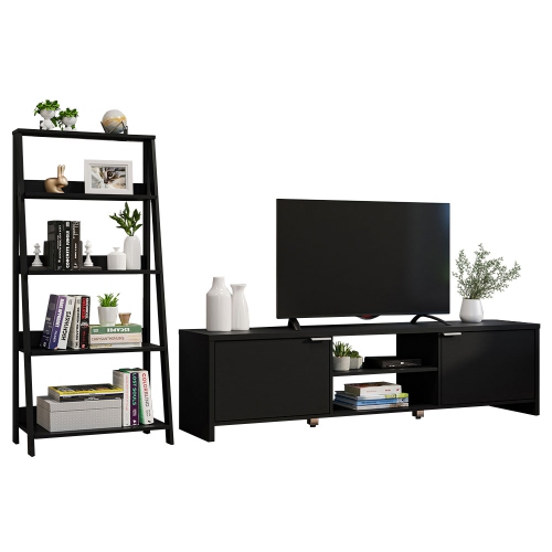 Madesa 2-Piece TV Stand and Ladder Shelf Set: 70" Entertainment Center with Cable Management + 24" 5-Tier Ladder Shelf for Storage, Office, Living