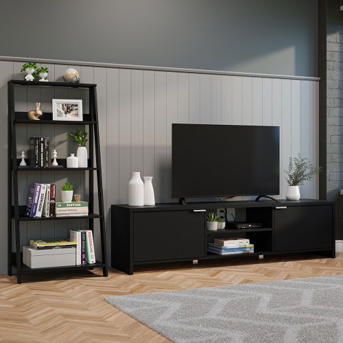 Madesa 2-Piece TV Stand and Ladder Shelf Set: 70" Entertainment Center with Cable Management + 24" 5-Tier Ladder Shelf for Storage, Office, Living