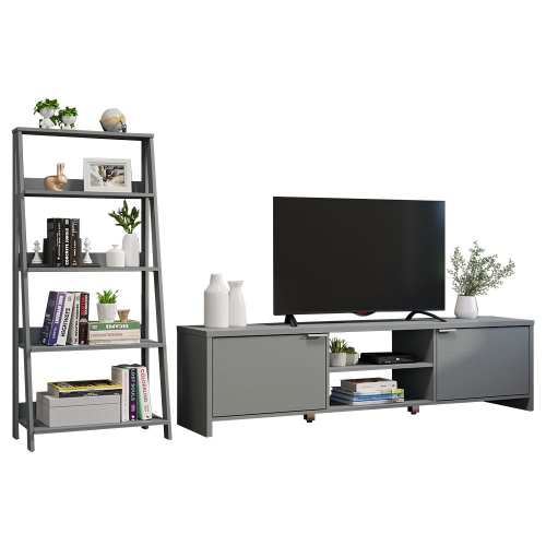 Madesa 2-Piece TV Stand and Ladder Shelf Set: 70" Entertainment Center with Cable Management + 24" 5-Tier Ladder Shelf for Storage, Office, Living