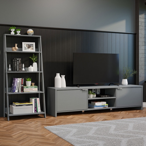 Madesa 2-Piece TV Stand and Ladder Shelf Set: 70" Entertainment Center with Cable Management + 24" 5-Tier Ladder Shelf for Storage, Office, Living