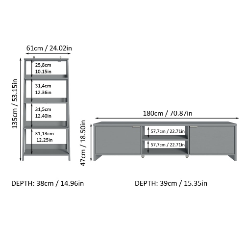 Madesa 2-Piece TV Stand and Ladder Shelf Set: 70" Entertainment Center with Cable Management + 24" 5-Tier Ladder Shelf for Storage, Office, Living