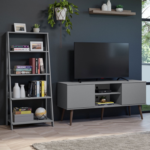 Madesa 2-Piece TV Stand and Ladder Shelf Set: 53" TV Stand with Cable Management and Open Shelves + 24" 5-Tier Ladder Shelf for Storage, Office,