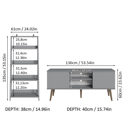 Madesa 2-Piece TV Stand and Ladder Shelf Set: 53" TV Stand with Cable Management and Open Shelves + 24" 5-Tier Ladder Shelf for Storage, Office,