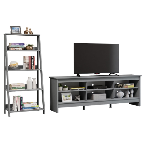 Meuble pour téléviseur à 6 tablettes Madesa de 75 po et moins + bibliothèque à pied avec étagère en échelle - Gris