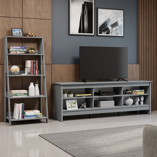 Madesa 2-Piece TV Stand and Ladder Shelf Set: 70" TV Stand with Cable Management and Open Shelves + 24" 5-Tier Ladder Shelf for Storage, Office,