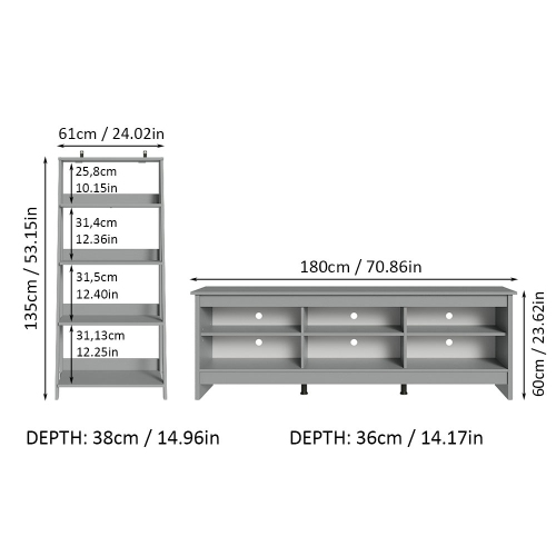 Madesa 2-Piece TV Stand and Ladder Shelf Set: 70" TV Stand with Cable Management and Open Shelves + 24" 5-Tier Ladder Shelf for Storage, Office,