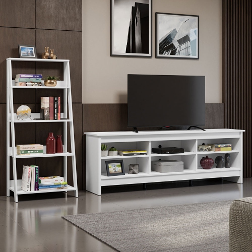 Madesa 2-Piece TV Stand and Ladder Shelf Set: 70" TV Stand with Cable Management and Open Shelves + 24" 5-Tier Ladder Shelf for Storage, Office,