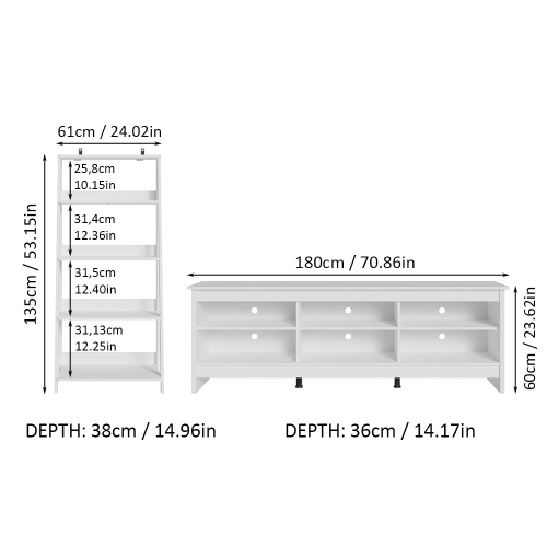 Madesa 2-Piece TV Stand and Ladder Shelf Set: 70" TV Stand with Cable Management and Open Shelves + 24" 5-Tier Ladder Shelf for Storage, Office,