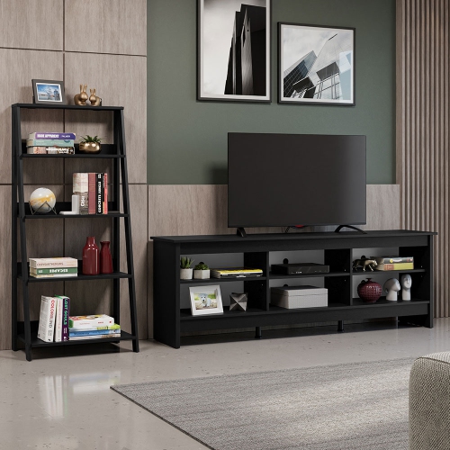 Madesa 2-Piece TV Stand and Ladder Shelf Set: 70" TV Stand with Cable Management and Open Shelves + 24" 5-Tier Ladder Shelf for Storage, Office,