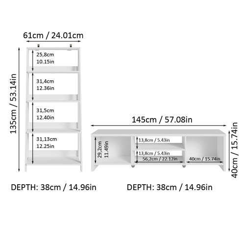 Madesa 2-Piece TV Stand and Ladder Shelf Set: 57" Entertainment Center with Cable Management + 24" 5-Tier Ladder Shelf for Storage, Office, Living