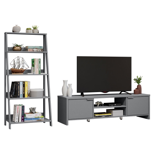 Madesa 2-Piece TV Stand and Ladder Shelf Set: 57" Entertainment Center with Cable Management + 24" 5-Tier Ladder Shelf for Storage, Office, Living