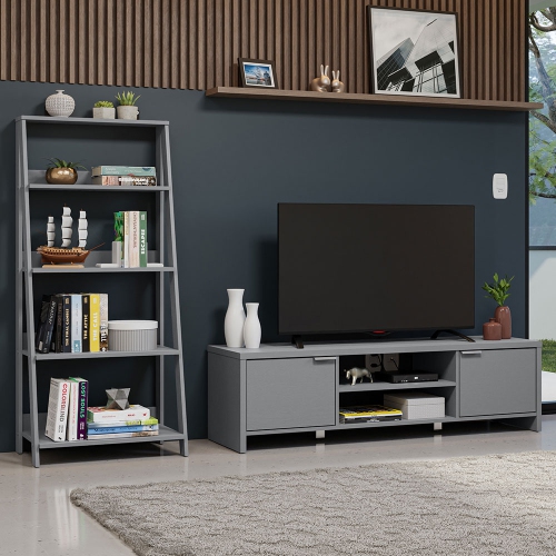 Madesa 2-Piece TV Stand and Ladder Shelf Set: 57" Entertainment Center with Cable Management + 24" 5-Tier Ladder Shelf for Storage, Office, Living