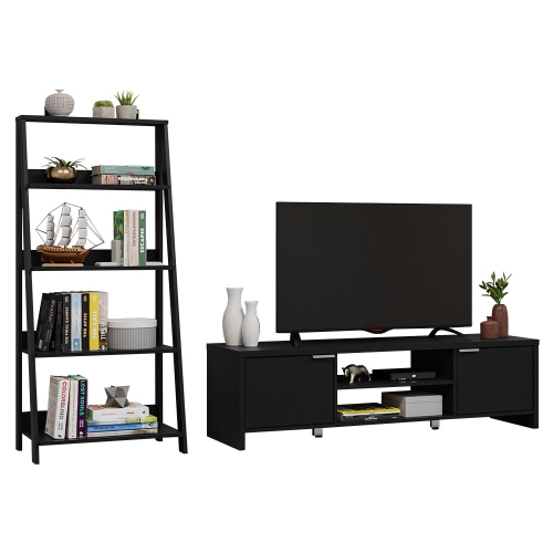 Madesa 2-Piece TV Stand and Ladder Shelf Set: 57" Entertainment Center with Cable Management + 24" 5-Tier Ladder Shelf for Storage, Office, Living