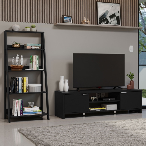 Madesa 2-Piece TV Stand and Ladder Shelf Set: 57" Entertainment Center with Cable Management + 24" 5-Tier Ladder Shelf for Storage, Office, Living