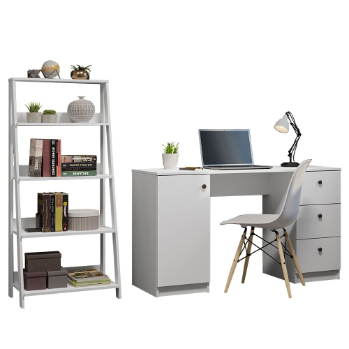 Madesa 2-Piece Home Office & Study Furniture Set: 53" Executive Computer Desk with 3 Drawers, 1 Door + 24" 5-Tier Ladder Shelf for Pantry, Books, &
