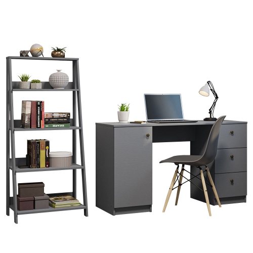 MADESA  Desk With Drawer 53" + Ladder Shelf Standing Bookcase - In Gray