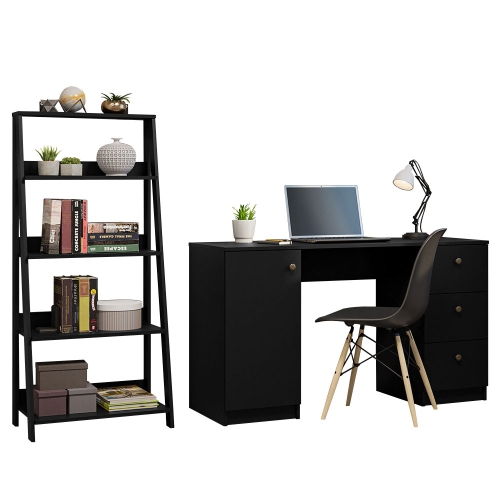 Madesa 2-Piece Home Office & Study Furniture Set: 53" Executive Computer Desk with 3 Drawers, 1 Door + 24" 5-Tier Ladder Shelf for Pantry, Books, &