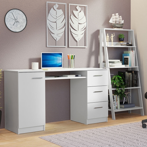 Madesa 2-Piece Home Office and Study Furniture Set: 53" Computer Desk with 3 Drawers, 1 Door, Storage Shelf + 24" 5-Tier Ladder Shelf for Pantry,