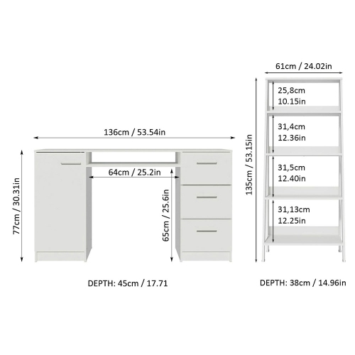 Madesa 2-Piece Home Office and Study Furniture Set: 53" Computer Desk with 3 Drawers, 1 Door, Storage Shelf + 24" 5-Tier Ladder Shelf for Pantry,