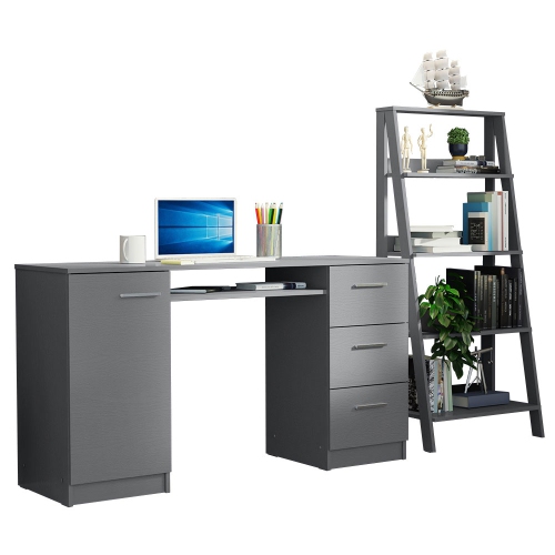 MADESA  2-Piece Home Office And Study Furniture Set: 53" Computer Desk \w 3 Drawers, 1 Door, Storage Shelf + 24" 5-Tier Ladder Shelf for Pantry