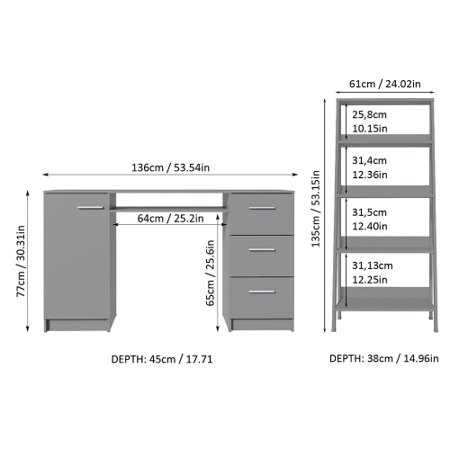 Madesa 2-Piece Home Office and Study Furniture Set: 53" Computer Desk with 3 Drawers, 1 Door, Storage Shelf + 24" 5-Tier Ladder Shelf for Pantry,