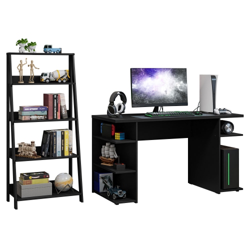 Madesa Gamer Desk 53" + Ladder Shelf Standing Bookcase - Black/Blue