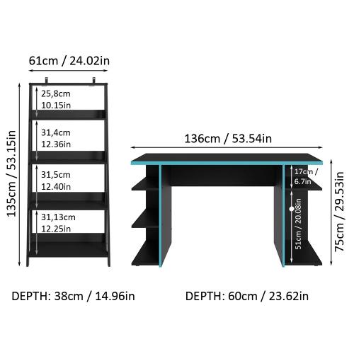 Bibliothèque debout de 53 po + étagère en échelle Gamer de Madesa - Noir/bleu