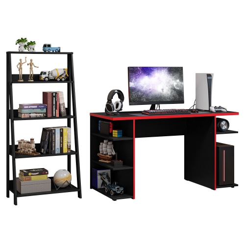 Madesa Gamer Desk 53" + Ladder Shelf Standing Bookcase - Black/Red