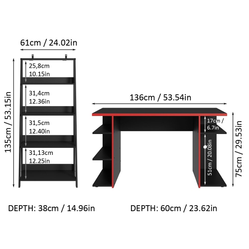 Bibliothèque debout à échelle de 53 po et moins Gamer de Madesa - Noir/rouge