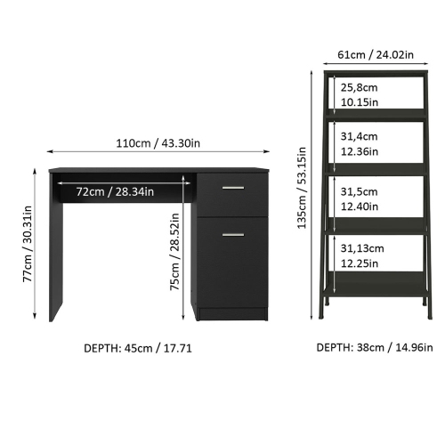 Madesa 2-Piece Home Office & Study Furniture Set: 43" Compact Computer Desk with Storage and Drawer + 24" 5-Tier Ladder Shelf for Pantry, Books, &