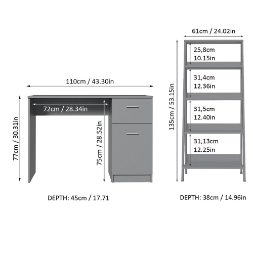Madesa 2-Piece Home Office & Study Furniture Set: 43" Compact Computer Desk with Storage and Drawer + 24" 5-Tier Ladder Shelf for Pantry, Books, &