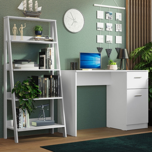 Madesa 2-Piece Home Office & Study Furniture Set: 43" Compact Computer Desk with Storage and Drawer + 24" 5-Tier Ladder Shelf for Pantry, Books, &