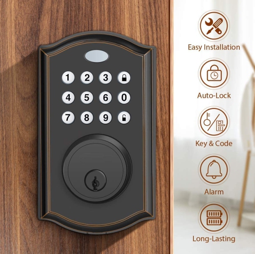 Smart Keypad Door Lock with 50 access codes, 1-touch auto-locking and alarm