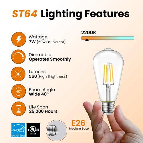 Ampoule LED à intensité réglable ST64 de Strak 6,5 W, blanc chaud, 700LM, 90+, verre transparent, ampoules rétro, Edison E26, culot moyen, paq.
