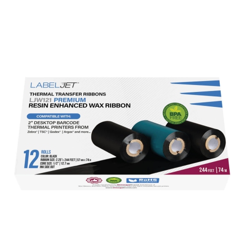 LabelJet 2.25"x 243ft / 57mm x 74m Black LJW121 Wax Ribbon for 2-inch Desktop Printer 12 Pack