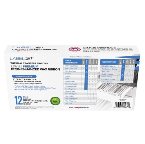 LabelJet 2.25"x 243ft / 57mm x 74m Black LJW121 Wax Ribbon for 2-inch Desktop Printer 12 Pack