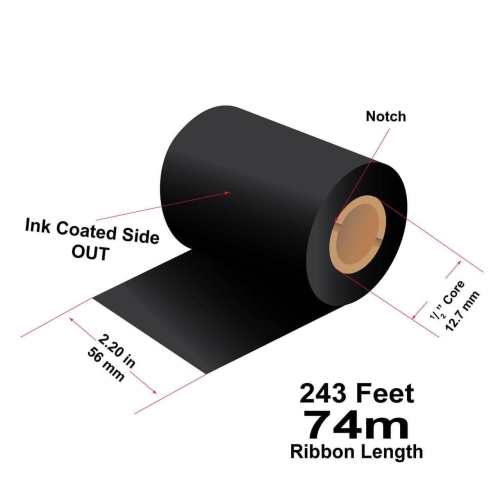 LabelJet 2.2"x 243ft / 56mm x 74m Black LJM238 Wax/Resin Thermal Transfer Ribbon For 2-Inch Desktop Printers 12/Roll