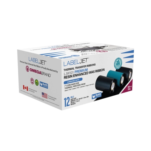 LabelJET 4.33" x 984ft / 110mm x 300m Black LJW121 Wax Ribbon For 4-Inch Desktop Printers 12/Rolls For Zebra, TSC, Godex 4-Inch Themral printers