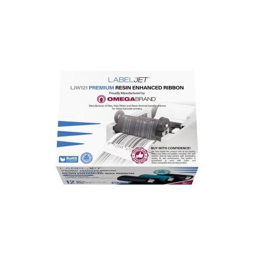 LabelJET 4.33" x 984ft / 110mm x 300m Black LJW121 Wax Ribbon For 4-Inch Desktop Printers 12/Rolls For Zebra, TSC, Godex 4-Inch Themral printers