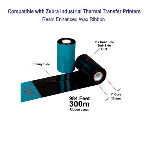 LabelJET 4.33" x 984ft / 110mm x 300m Black LJW121 Wax Ribbon For 4-Inch Desktop Printers 12/Rolls For Zebra, TSC, Godex 4-Inch Themral printers
