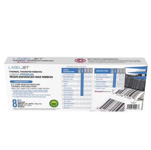 LabelJet 4.33" x 244ft / 110mm x 74m Black LJW121 Wax Ribbon For 4-Inch Desktop Printers 8/Rolls