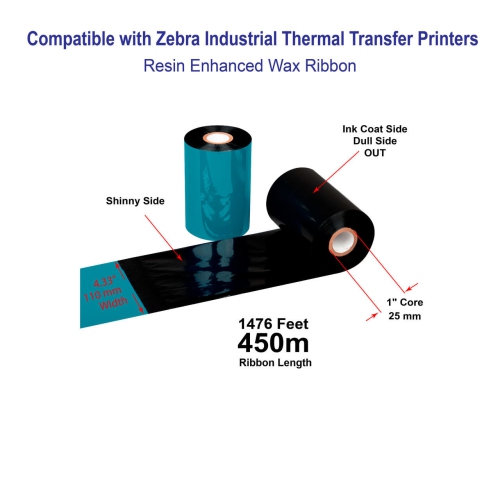 LabelJET 4.33" x 1476ft / 110mm x 450m Black LJW121 Wax Ribbon For Zebra Industrial Printers 12/Rolls