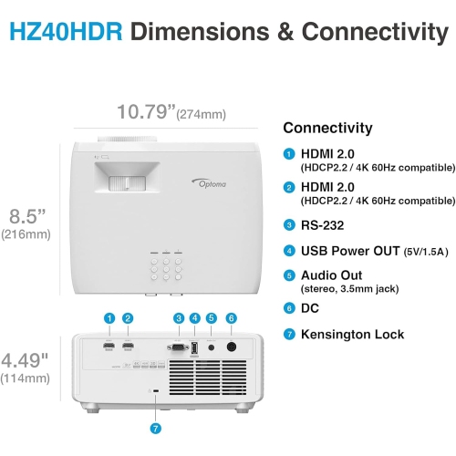Optoma HZ40HDR HD DLP Theatre and Gaming Projector - White