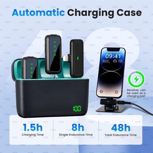 Wireless Microphone Bundle for iPhone with 2 Mini Mics 1 Receptor & Charging Base Great Lavalier Mic for TikTok Podcast Video