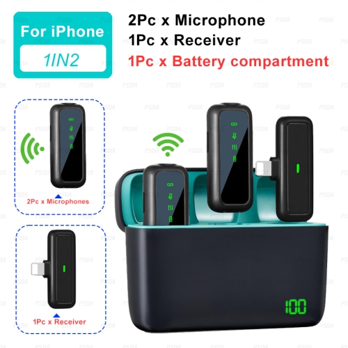 Wireless Microphone Bundle for iPhone with 2 Mini Mics 1 Receptor & Charging Base Great Lavalier Mic for TikTok Podcast Video