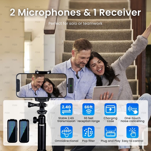 Wireless Microphone Bundle for iPhone with 2 Mini Mics 1 Receptor & Charging Base Great Lavalier Mic for TikTok Podcast Video