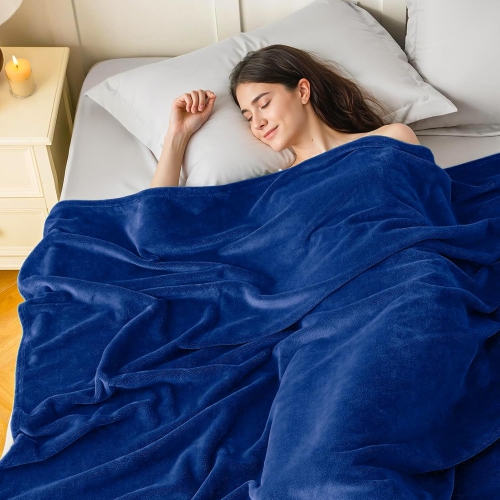 Canadian Linen Flannel Fleece Blanket, 66"x90" Queen Size, Lightweight Warm Moisture Wicking Ultra Soft Plush Throw Blankets for All Season, Navy Blue